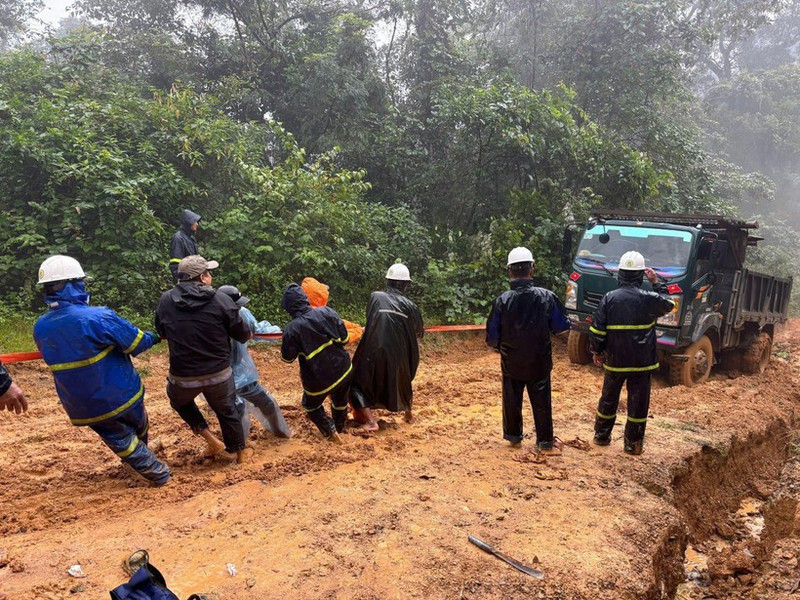 クアンチ省電力会社の作業員が、12月15日までに遠隔地の全村での電力復旧に向け作業を続けている。（写真：VNA）