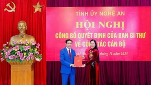 党中央委員会委員であり、同委員会組織委員会副委員長を務めるブイ・ティ・クイン・ヴァン氏（右）は、ヴォー・チョン・ハイ氏に任命決定書を手渡した。（写真：VNA）