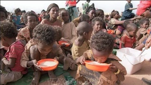 東エチオピアのケブリベヤ難民キャンプでプラスチック製の容器からミルクを飲む栄養失調の子ども (写真：AFP／VNA）
